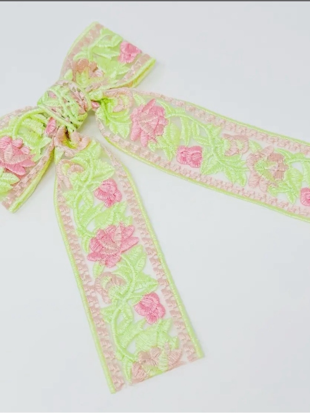 Floral Embroidered Pink & Lime Hair Bow